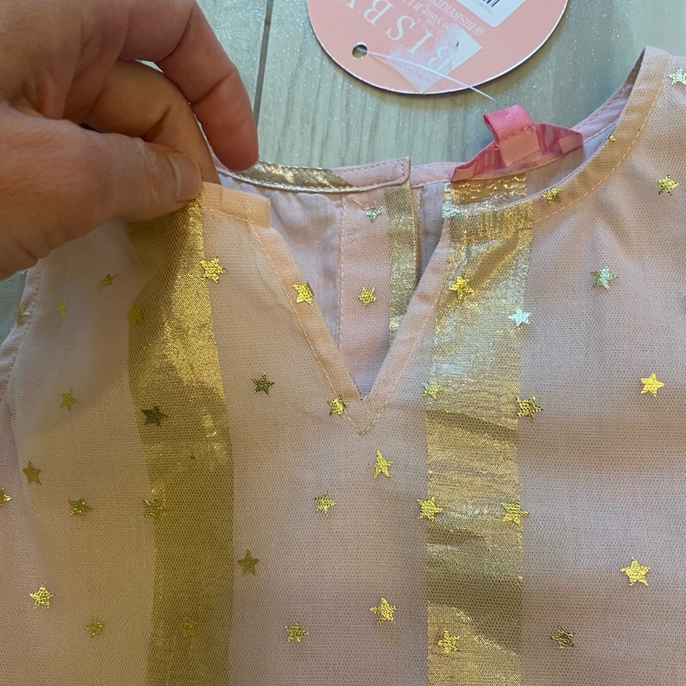 NWT Bisby Madaket Light Pink and Gold Metallic Stripes and Stars Dress, girls 12 - Picture 2 of 13